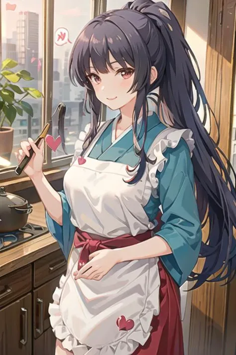 (masterpiece, best quality:1.2), <lora:girlfriendkari_kagurazaka-12:0.8>, solo, 1girl, kagurazaka saya, large breasts,  (long hair, ponytail hair), (spoken hearts:1.2) , looking at viewer, (pink kimono:0.8), (apron:1.2), (indoor), smile, cooking,