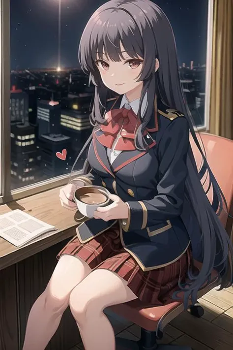 (masterpiece, best quality:1.2), <lora:girlfriendkari_kagurazaka-12:0.8>, solo, 1girl, kagurazaka saya, (long straight hair), school uniform, navy jacket, red bow, plaid skirt, (spoken hearts:1.1), indoor, smile, drinking coffee, cup on desk, sitting