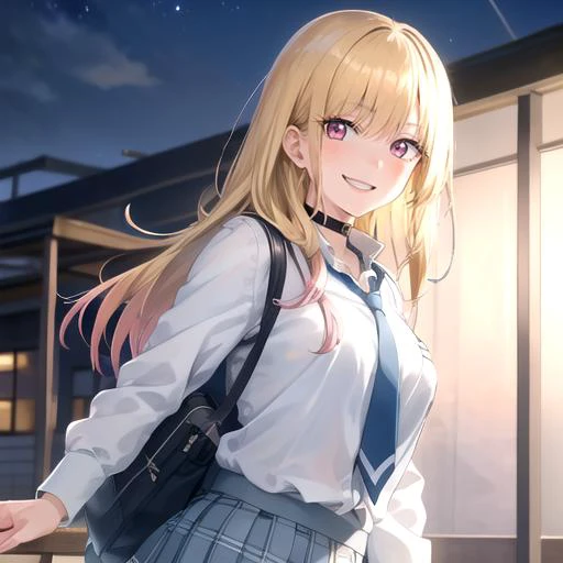 anime girl with long blonde hair and blue dress walking in front of a building