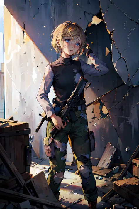 <lora:sarah_miller:1> Sarah Miller, blue eyes, blonde hair, short hair, pink turtleneck, plaid pants,   <lora:epTactical1:1> wearing epTactical, outdoors, ruins, broken glass, against wall, mushroom, looking away, solo,, ultra detailed, masterpiece, best q...