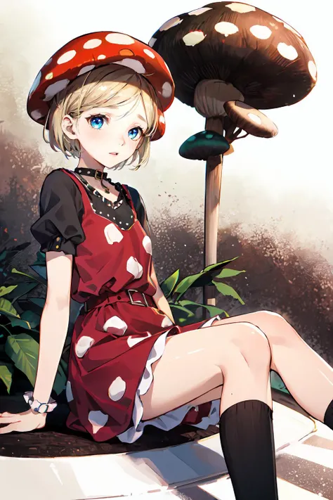 <lora:sarah_miller:1> Sarah Miller, blue eyes, blonde hair, short hair, <lora:mushydress:0.75> mushydress, mushroom hat, polka dot, polka dot dress, polka dot legwear,, ultra detailed, masterpiece, best quality, aesthetic, detailed,