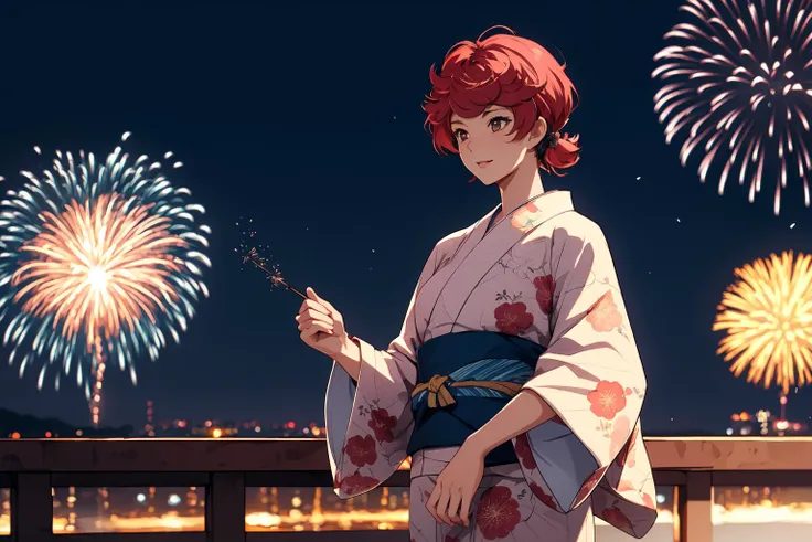 (RAW photo, best quality), 1girl,  natural lighting, mature woman, 
 <lora:srw_marion_radom_v1_2-000005:1>, srw_marion_radom, 
summer evening, fireworks, yukata,