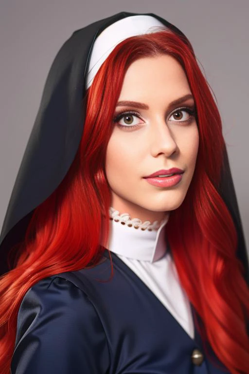 a woman with red hair wearing a nun costume