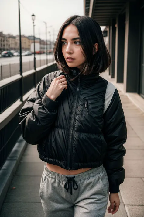 RAW photo, (badass hip hop girl), (style of Cognito Filippo:1.4), Dynamic hip hop art, Doubt, Puffer jacket, joggers, colorful sneakers, Classic black smokey eye with winged eyeliner, Undercut, Lavender hair color, Petite and curvy (smaller frame with curv...