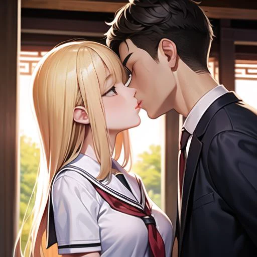 anime couple kissing in front of a window with trees in the background