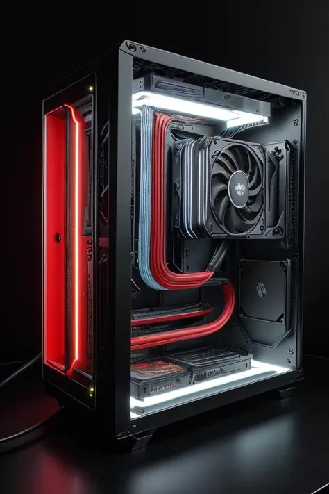 a close up of a computer case with a red light