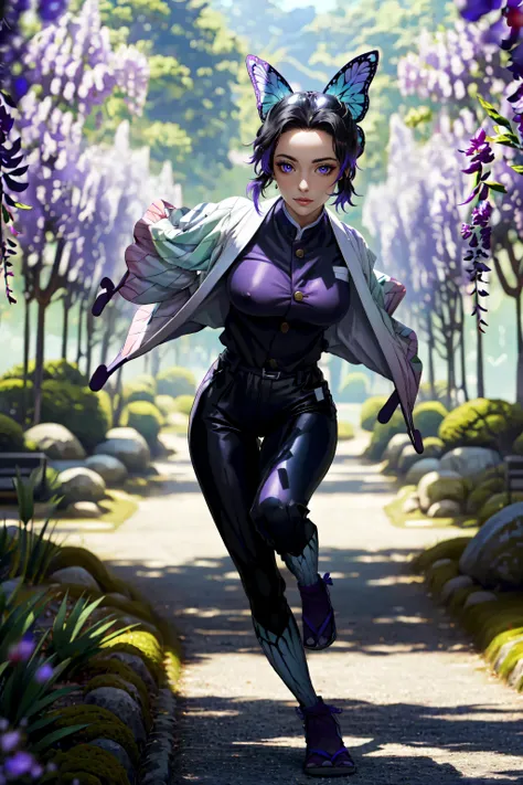 (masterpiece, best quality, ultra detailed, absurdres)1.5, 1girl, (sexy, beautiful woman, perfect face, perfect eyes, perfect female body, huge breasts)1.5, (kochou_shinobu, SH1N0BU, demon slayer uniform, solo, butterfly hair ornament, black hair, purple h...