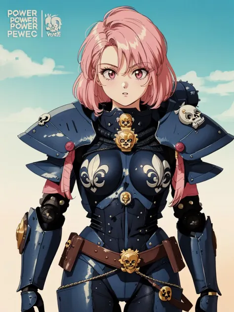 a woman in armor with pink hair and a sword