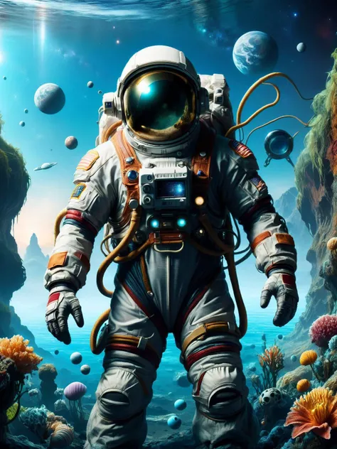 A scene of an astronaut on a foreign planet, the space suit surprisingly covered with grsw, exploring a landscape that mimics an underwater realm <lora:grsw:1> <lora:EnvyBetterHiresFixXL01:0:hr=1>