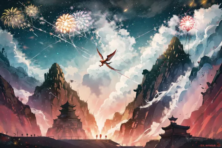 anime landscape with a dragon flying over a mountain and a mountaintop