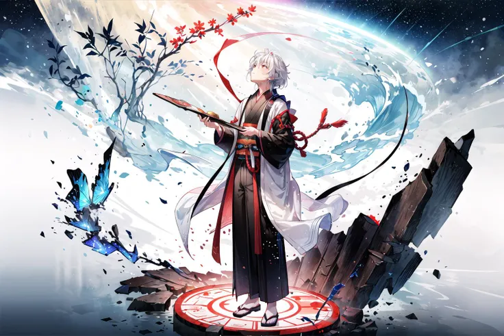 1 boy with white hair, young boy, looking up at the sky, astrolabe, skygazing, divination, taoism, yin yang symbol, silk robes starry sky,  bagua trigram, full body shot, ancient china,  <lora:DW-000008:0.2> <lora:LAS:0.4> <lora:more_details:0.4> <lora:wyy...