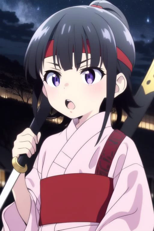 <lora:Suzu:1> Suzu, 1girl, sword, weapon, solo, black hair, night, headband, open mouth, sky, katana, holding, japanese clothes, ponytail, holding weapon, red headband, holding sword, night sky, bangs, upper body, over shoulder, outdoors, purple eyes, weap...