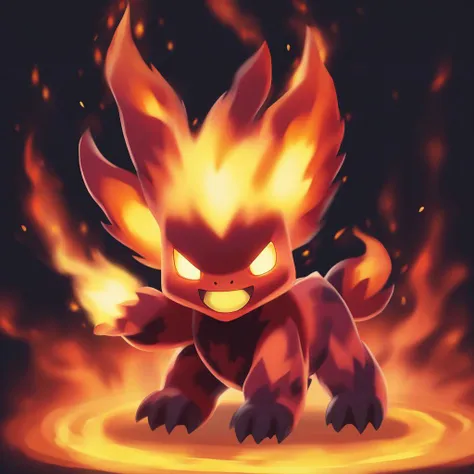 a close up of a pokemon character with fire coming out of it