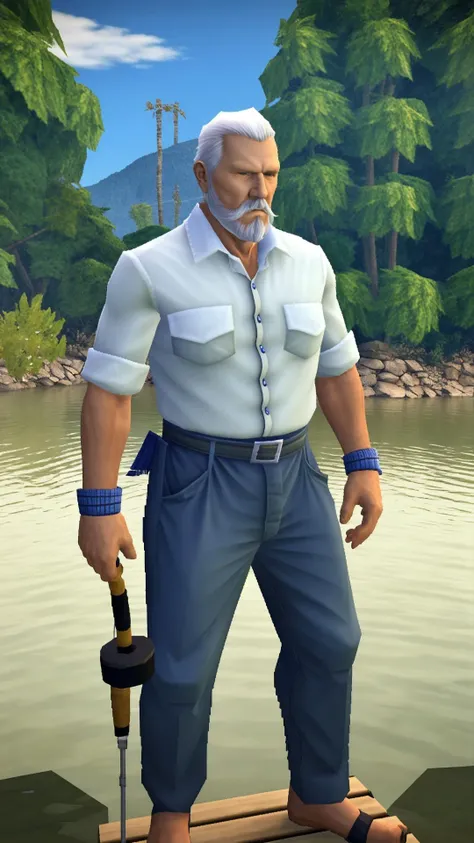 an old man with a white beard fishing by a river, <lora:PS2 Style:0.7>, (lowpoly:0.6), jagged edges, anti-aliasing, (pixelated:0.2), (Masterpiece:1.3) (best quality:1.2) (high quality:1.1)