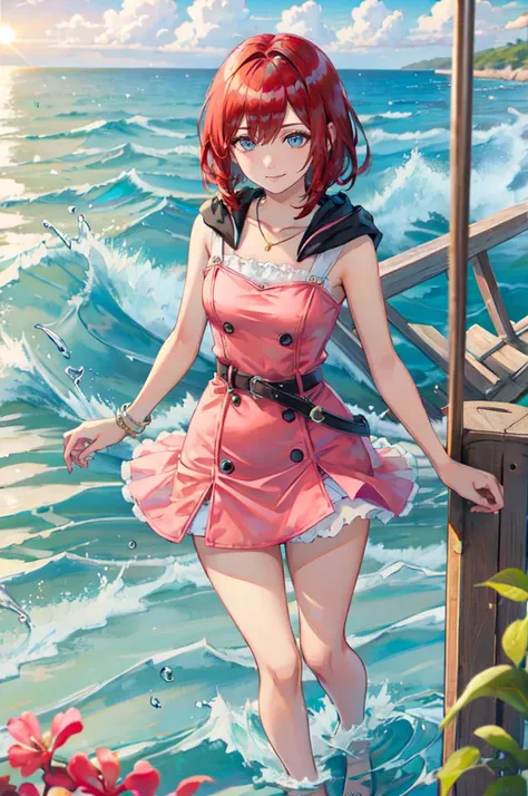 a woman in a pink dress standing on a pier next to the ocean