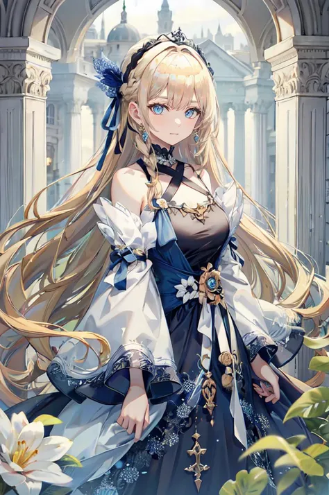 white and blue theme, love theme,  <lora:TorinoV71:1>, ultra detailed, masterpiece, best quality,, solo, soft smile, light smile,
1girl, blue eyes, very long hair, blonde hair, long blonde hair, french braid, bangs, medium breasts,, hair ribbon, frilled ch...