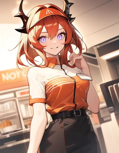 <lora:macXLv1:0.8>, 1girl, surtr (arknights), long hair, employee uniform, fast food uniform, visor cap, short sleeves, clothes writing, smile, cinematic angle
, masterpiece, ultra-detailed