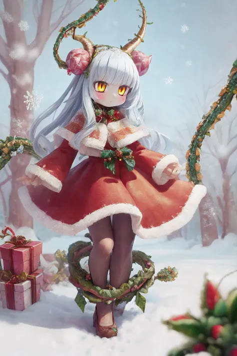 A monster girl,1girl, electric white hair, forest,  curious expression, soft fur,forest environment,mysterious enchanting atmosphere,(long skirt:1) ,(yellow pantyhose stocking:1.2)<lora:detail_slider_v4:2>  ,magical, winter, realm, snow falls,enchanted lan...