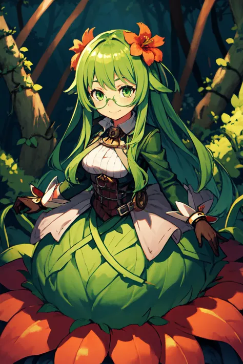 a woman with green hair sitting on a flower in the woods