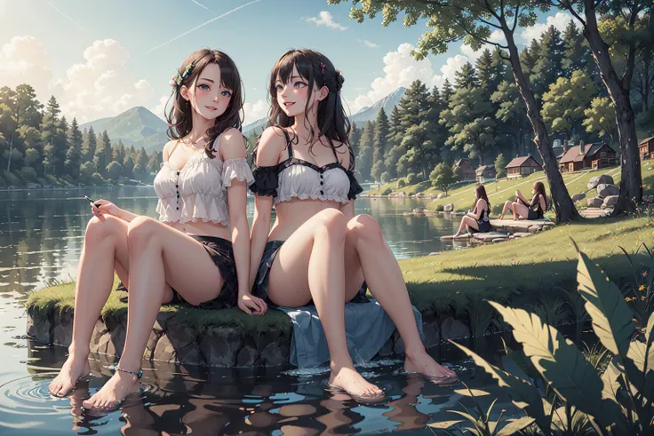 ((best quality, masterpiece, extremely detailed)), 2girls, pretty, 18 years old, sitting by the lake, their feet in the water, having fun, lush grass