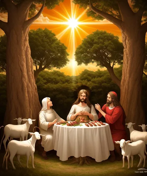 jesus and his family are sitting at a table with sheep