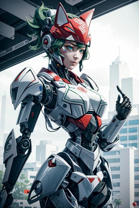 best quality, intricate details,
1girl, <lora:kirikoOverwatch_v20:0.8> tag:1girl,facial mark,fox, green hair,
  <lora:aMechaMusumeA_arc:0.5>  headgear, mechanical_arms, bodysuit,  <lora:cMechaMusumeC_cV1:0.5> mecha_musume, machanical_parts, robot_joints, h...