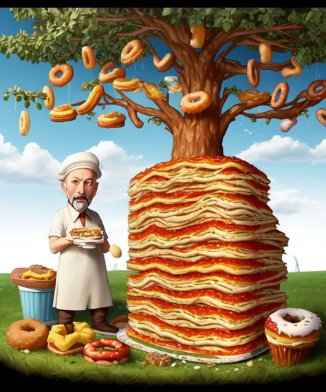 there is a man standing next to a giant stack of food