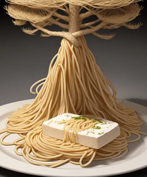 a close up of a plate of spaghetti with a tree on top