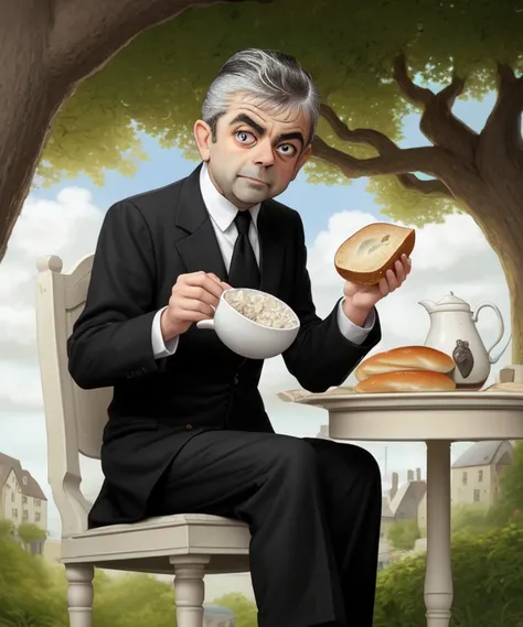 And Rowan Atkinson sat on the bread and set upon it the churned milk of the (oatmeal tree)