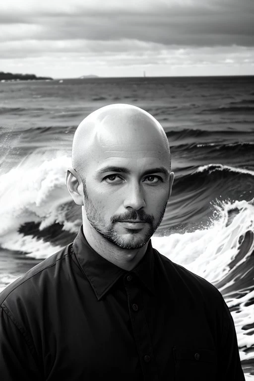 b&w photo of 42 y.o man in black clothes, bald, face, half body, body, high detailed skin, skin pores, coastline, overcast weather, wind, waves, 8k uhd, dslr, soft lighting, high quality, film grain, Fujifilm XT3