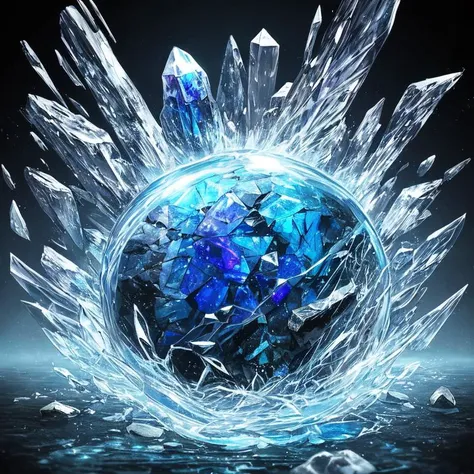 a blue crystal ball surrounded by ice crystals on a black background