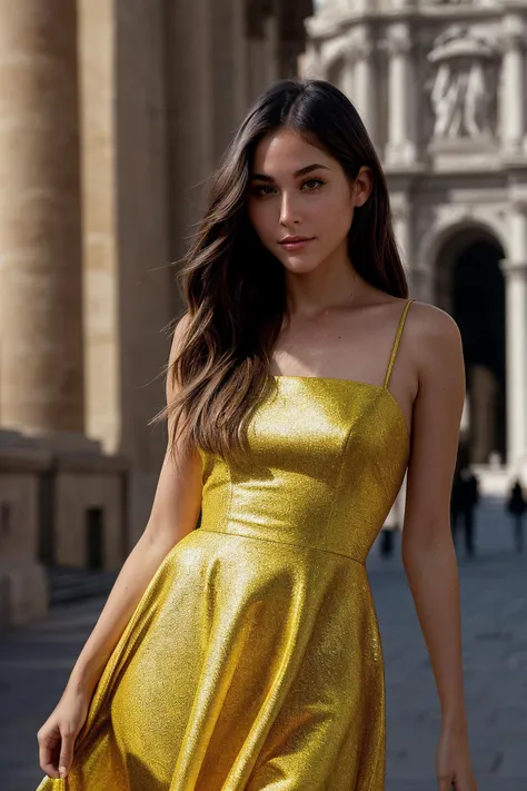 perfect cinematic shoot of a beautiful woman (EPN0r4rid4:.99), a woman standing next to a (modest vatican city), perfect hair, wearing sexy (Dark Yellow  dress :1.2), (people in background:1.1), (detailed background:1.1), (face focus), modelshoot style, (e...