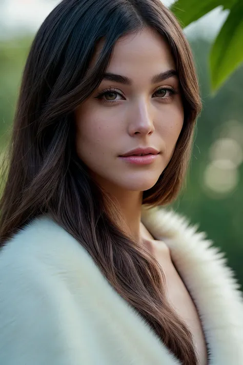 perfect cinematic shoot of a beautiful woman (EPN0r4rid4:.99), a woman standing at a (modest jungle), perfect bangs, wearing sexy (Celadon  fur-trimmed coat :1.2), (people in background:1.1), (detailed background:1.1), (face focus), modelshoot style, (extr...