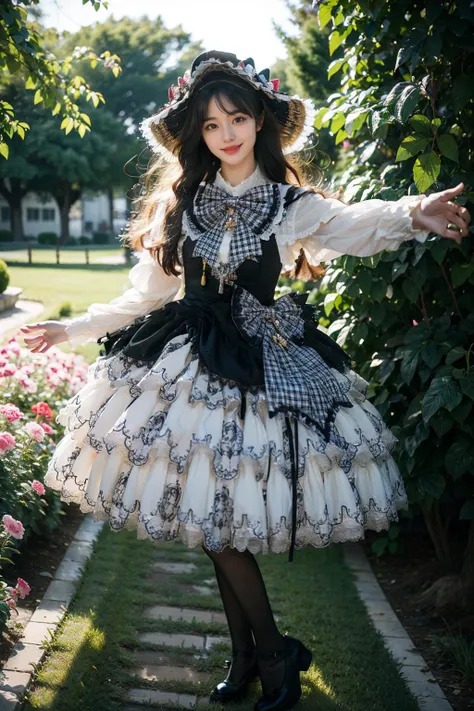 best quality, masterpiece, realistic, photorealistic, 1girl, solo, long hair, black hair, looking at viewer, smile, standing, reaching out, full body, cyb dress, long sleeves, hat, headwear, frilled dress, layered dress, frills, bow, plaid bow, black panty...