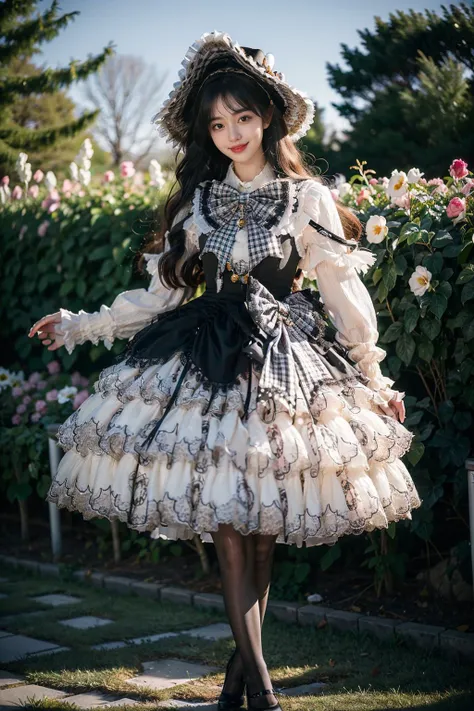 best quality, masterpiece, realistic, photorealistic, 1girl, solo, long hair, black hair, looking at viewer, smile, standing, full body, cyb dress, long sleeves, hat, headwear, frilled dress, layered dress, frills, bow, plaid bow, black pantyhose, high hee...