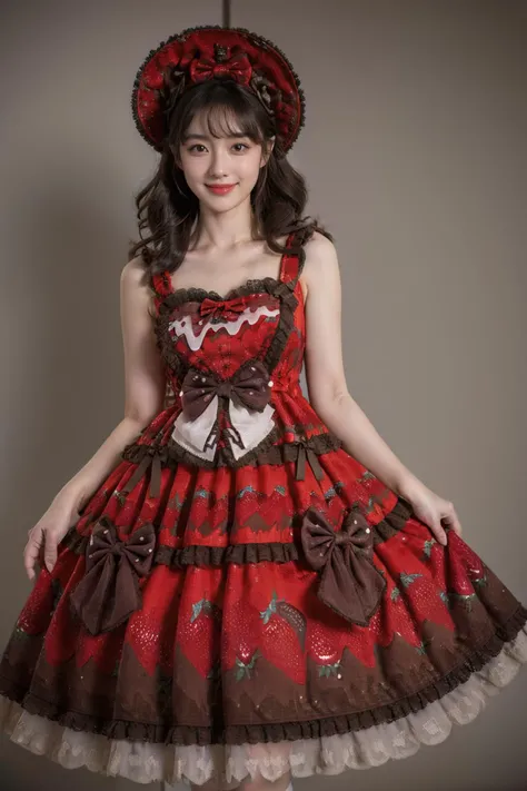 best quality, masterpiece, realistic, photorealistic, 1girl, solo, looking at viewer, smile, long hair, black hair, straight hair, standing, cowboy shot, cyb dress, layered dress, print dress, frilled dress, strawberry print, dress bow, bow, hair bow, hat,...