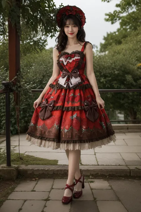 best quality, masterpiece, realistic, photorealistic, 1girl, solo, looking at viewer, smile, long hair, black hair, straight hair, standing, full body, cyb dress, layered dress, print dress, frilled dress, strawberry print, dress bow, bow, red high heels, ...