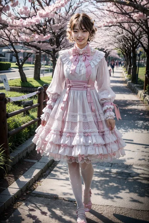 araffe dressed in a pink dress and white tights walking down a sidewalk