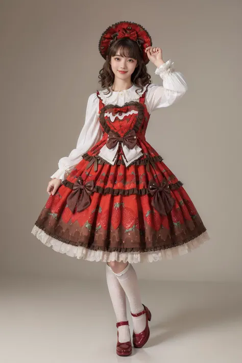 best quality,masterpiece,realistic,photorealistic,1girl,solo,looking at viewer,smile,standing,full body,arm up,cyb dress,layered dress,print dress,frilled dress,strawberry print,dress bow,bow,white shirt,long sleeves,hair bow,hat,kneehighs,red shoes,grey s...