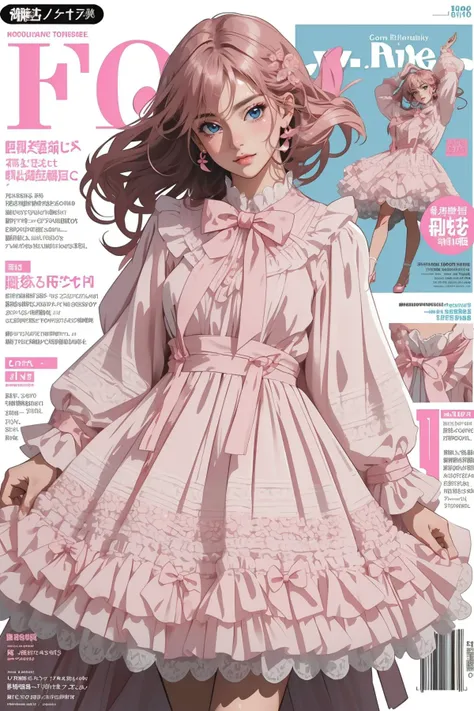 a close up of a magazine with a woman in a dress