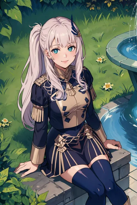 masterpiece, best quality,  <lora:CHAR-PavoliaReineV2:0.8> PavoliaReine, bright pupils, long hair, side ponytail, feather hair ornament <lora:gmuniform-nvwls-v1:1> gmuniform, blue thighhighs, sitting, garden, fountain, looking at viewer, from above, smile