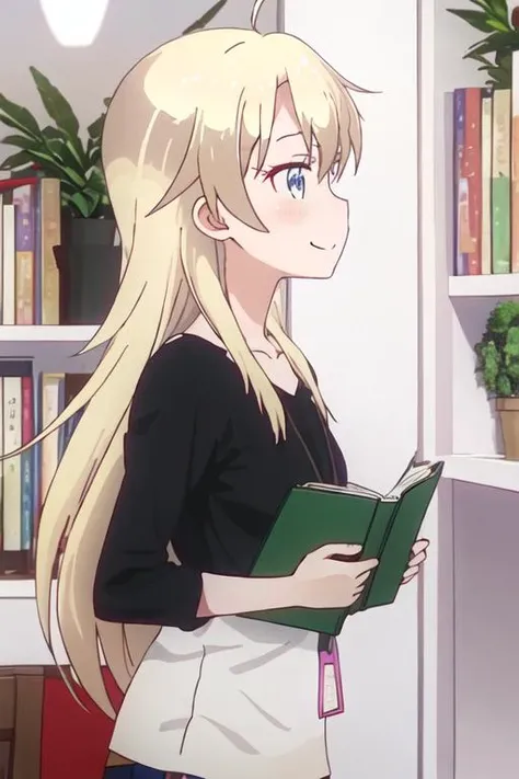 best quality, masterpiece, highres, solo, {yagami_kou_newgame:1.15}, blonde_hair, long_hair, blue_eyes, blush, collarbone, hair_between_eyes, ahoge, indoors, bangs, closed_mouth, smile, 1girl, black_shirt, bookshelf, shirt, from_side, profile, upper_body, ...