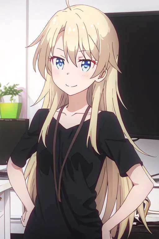 best quality, masterpiece, highres, solo, {yagami_kou_newgame:1.15}, blonde_hair, long_hair, blue_eyes, blush, collarbone, hair_between_eyes, ahoge, indoors, bangs, closed_mouth, smile, 1girl, black_shirt, open_mouth, shirt, upper_body, looking_away