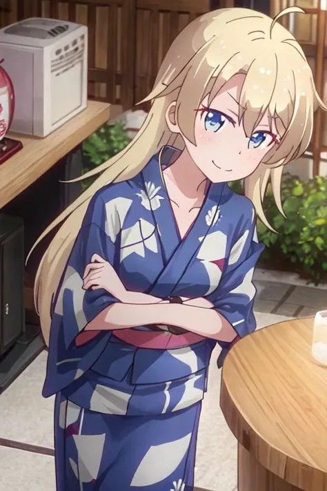 best quality, masterpiece, highres, solo, {yukata:1.40}, {kimono:1.20}, {yagami_kou_newgame:1.15}, blonde_hair, long_hair, blue_eyes, blush, collarbone, hair_between_eyes, ahoge, indoors, bangs, closed_mouth, smile