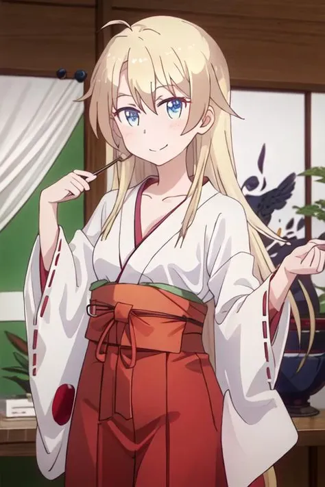 best quality, masterpiece, highres, solo, {white kimono:1.35}, {red hakama:1.35}, {wide sleeves:1.20}, {yagami_kou_newgame:1.15}, blonde_hair, long_hair, blue_eyes, blush, collarbone, hair_between_eyes, ahoge, indoors, bangs, closed_mouth, smile