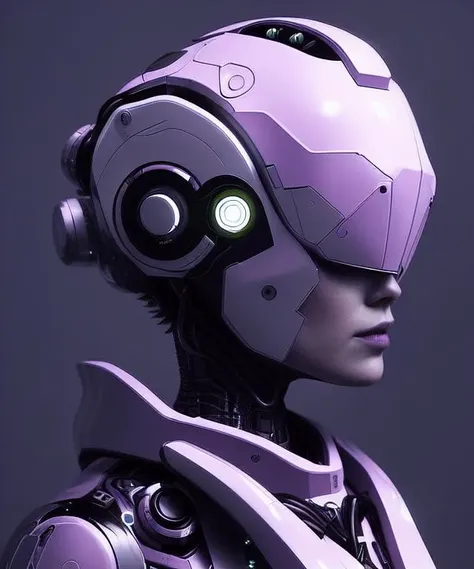 a close up of a woman wearing a futuristic helmet with glowing eyes