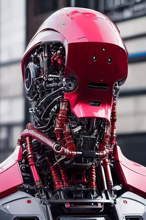 a close up of a red robot with a helmet on