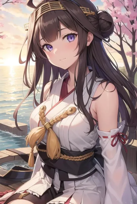 kancollekongou, <lyco:kongou-lyco-nochekaiser:1>, 
kongou, ahoge, brown hair, double bun, hair bun, hairband, headgear, long hair, (purple eyes:1.1), 
BREAK boots, detached sleeves, japanese clothes, nontraditional miko, ribbon trim, ribbon-trimmed sleeves...