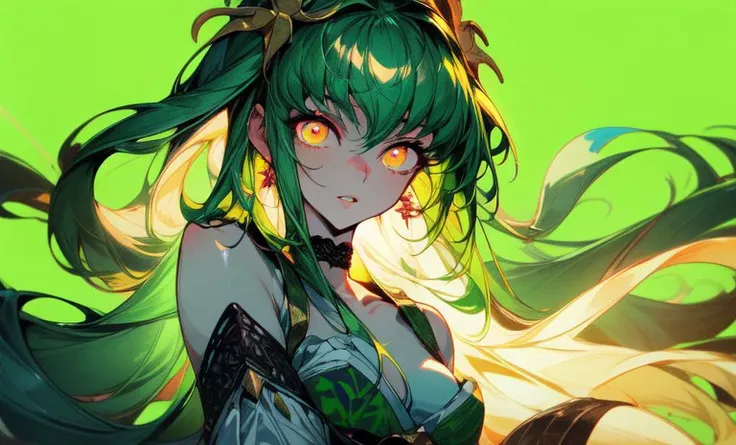 <lora:Code Geass - C.C. @ c.c.:0.7>, c.c.,  1 girl, hair ornament, jade (hime hair cut:1.15), long hair, (neon golden eyes:1.25), medium breasts, (happy:1.1), parted lips,
earrings, (intricate details:1.15), black choker,
green marks, green prints,
<lora:a...