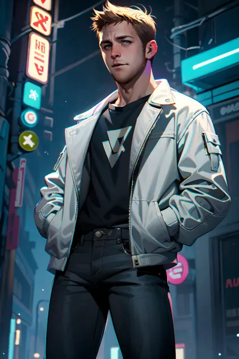 nijistyle, cowboy shot of ryan gosling in white jacket, black jeans, hands in pockets, night, neon light, particles, <lora:sxz-style-niji:0.8>
